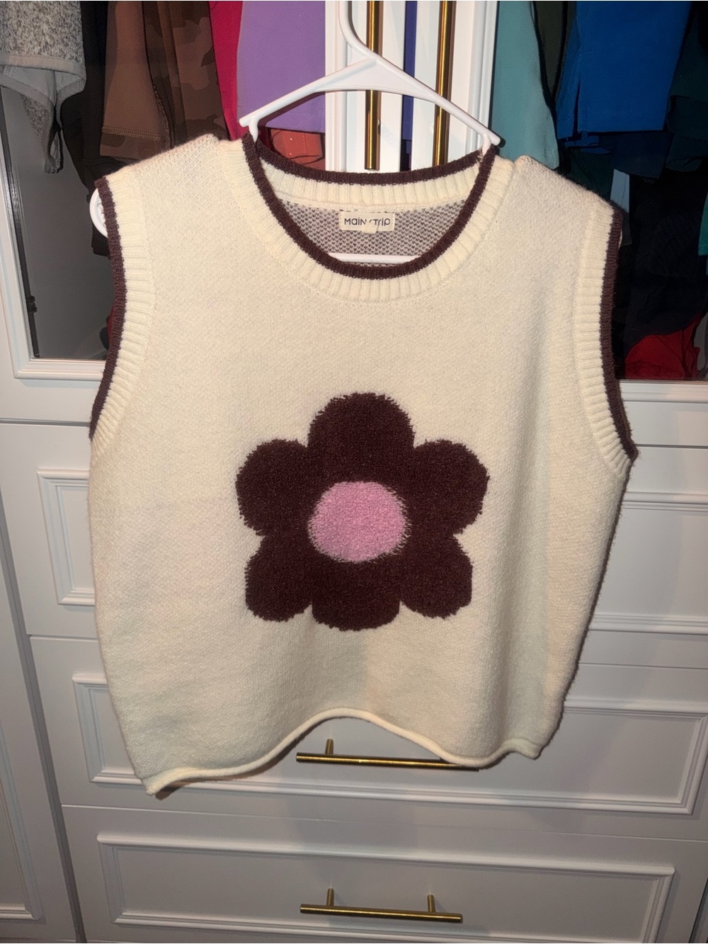 Boutique Cream Knit Flower Tank